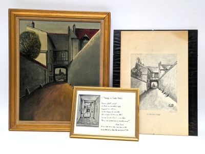 two framed pictures of a hallway and a picture of a staircase