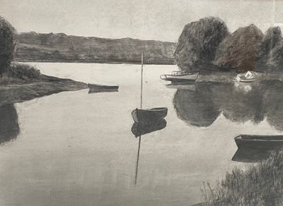 a black and white drawing of boats on the water