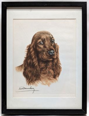 painting of a brown dog in a black frame on a white wall