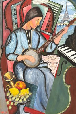 painting of a woman sitting in a chair playing a banjo