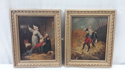 deux tableaux encadrés représentant un homme et une femme dans un paysage