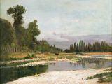 an image of a painting of a river in a wooded area