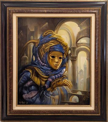 une peinture à l'huile représentant une femme portant un foulard bleu sur la tête