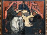 an oil painting of a group of people sitting around a table