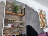 une pièce avec un mur en pierre et des étagères sur lesquelles sont disposées des plantes