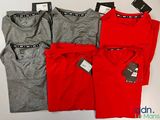 three pairs of red, grey and black t - shirts with tags on them