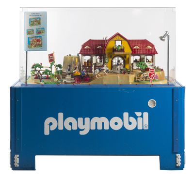 une vitrine Playmobil contenant une maison de poupées