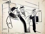 drawing of a man talking on a cell phone while another man looks on