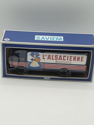 blue and white box with a red and white truck inside of it