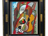 une image représentant une peinture d'une guitare et d'une tasse de café