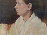 painting of a woman in a white robe looking off to the side