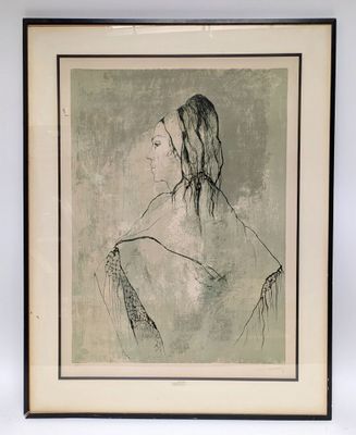 a drawing of a woman with long hair in a black frame