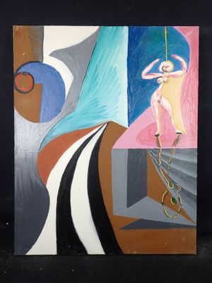 tableau représentant une femme suspendue à une corde dans une pièce