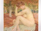 une image représentant un tableau où l'on voit une femme nue assise sur une couverture