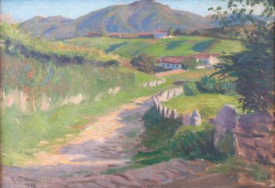 an oil painting of a dirt road leading to a small village