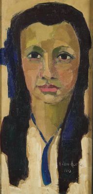 tableau représentant une femme vêtue d'une chemise blanche et d'une cravate bleue