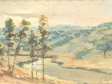 peinture d'un paysage avec des arbres et une rivière au premier plan