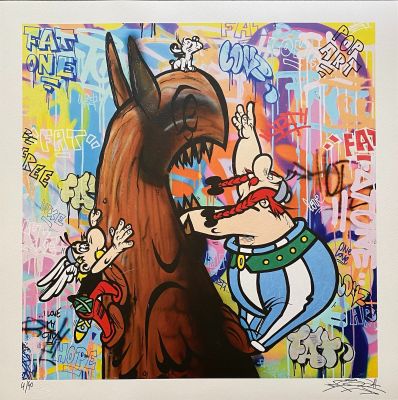 painting of a man and a dog in front of a graffiti covered wall