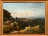 une peinture à l'huile représentant la vue d'un village situé sur une colline
