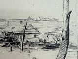 drawing of a view of a village with a tree in the foreground and a building in the distance