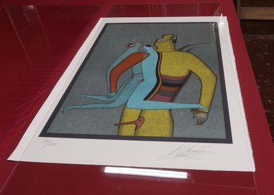 painting of a man holding a woman in his arms on a red table