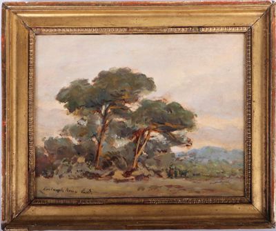 un tableau représentant des arbres dans un champ, avec le ciel en arrière-plan