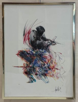 painting of a man playing a guitar in a frame on a wall