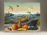 a painting of a woman laying on a rock with fruit and birds flying overhead