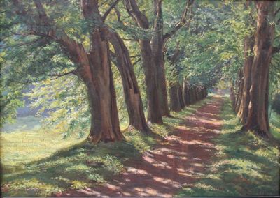 une photo d'un tableau représentant un sentier dans les bois