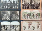 several old photographs of people and horses on a blue surface
