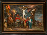 painting of a crucifix scene with a man on the cross on a horse