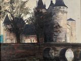 an image of a painting of a castle with a bridge in the foreground