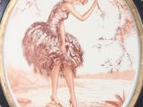 painting of a woman in a tutu and feathered dress holding an umbrella