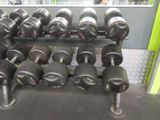 a lot of dumbs on a rack in the gym