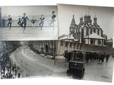 two black and white photos of a group of people on a street