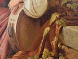 a painting of a woman sitting on a ledge