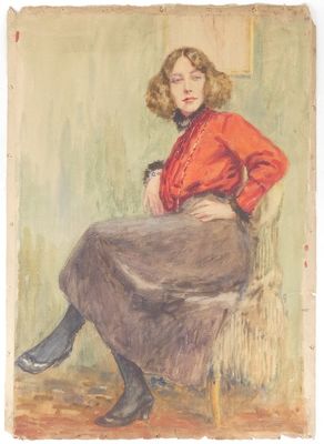 tableau représentant une femme assise sur une chaise, vêtue d'un t-shirt rouge et d'une jupe noire