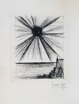 an image of a drawing of a sun over a body of water