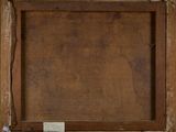 an old picture of a wooden frame with a label on it