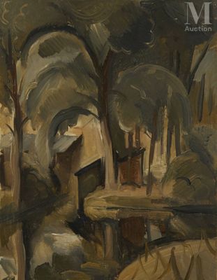 une image représentant un tableau où l'on voit une rivière qui traverse une forêt