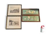 three framed pictures of children playing in a field with a horse