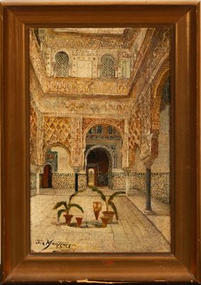 an image of a painting of a courtyard with a fountain