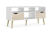 a white and wood entertainment unit with two drawers and a shelf