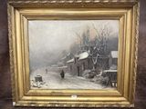 an oil painting of a man walking down a snow covered road