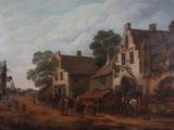 a painting of a village scene with a horse drawn carriage