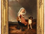 an old painting of a woman and a dog in a field