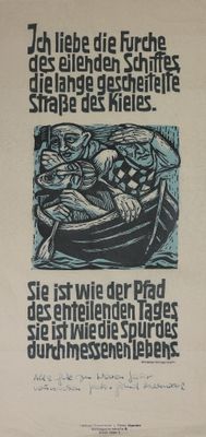 une image représentant une affiche en noir et blanc sur laquelle figure un homme dans un bateau