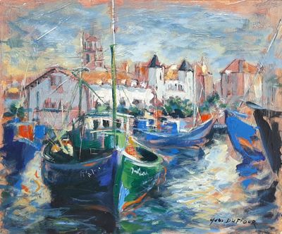 painting of boats docked in a harbor with buildings in the background