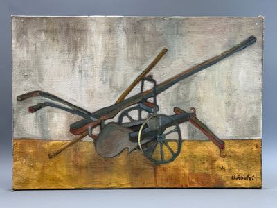 une photo d'un tableau représentant un porteur de brouette et une paire de pelles