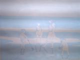 a painting of a group of people riding horses on the beach